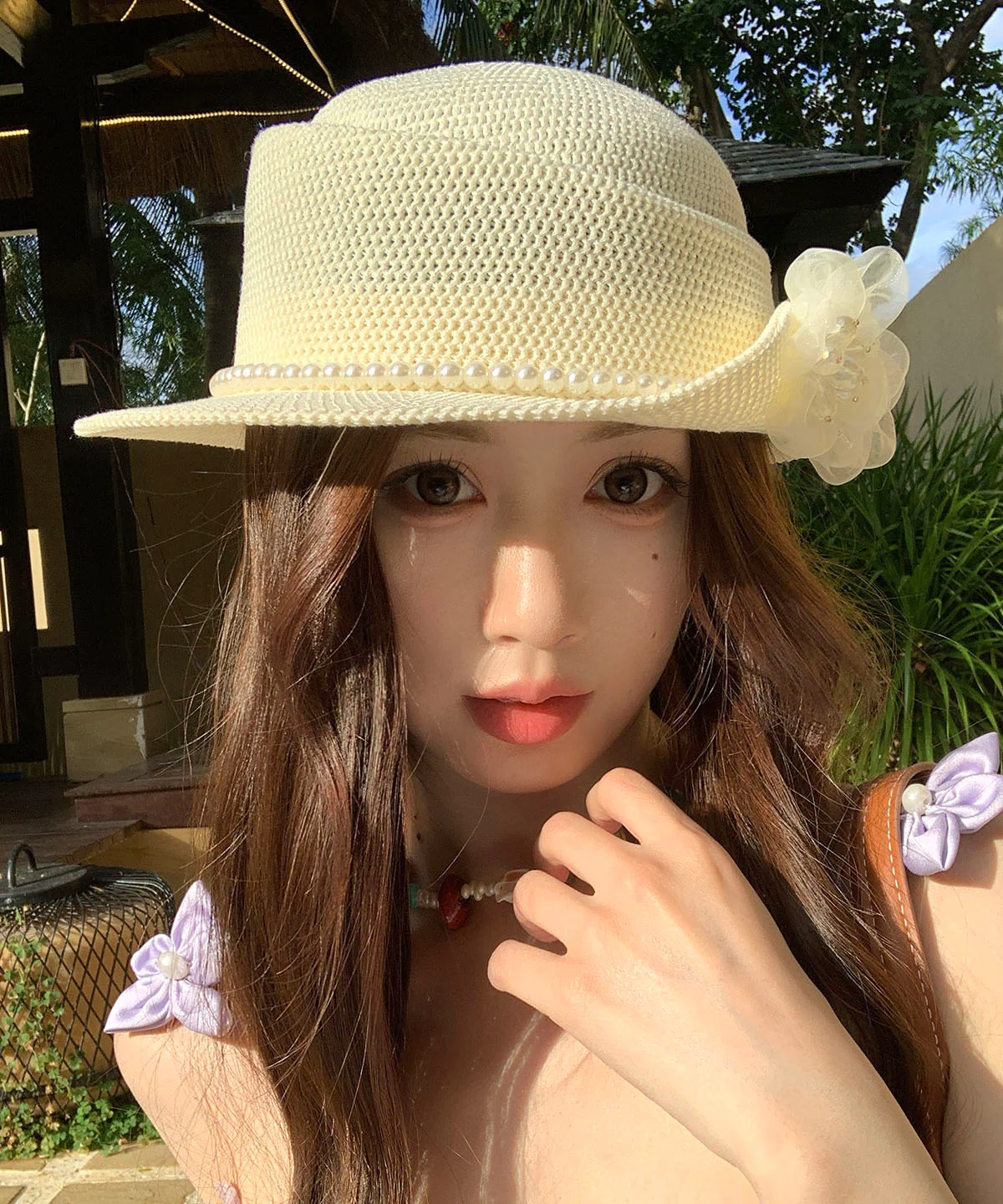 Stylish Beige Pearl Flower Hollow Straw Woven Bucket Hat - Image 4