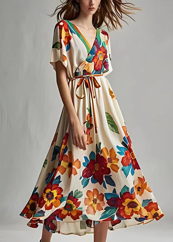 Stylish Beige Print Lace Up Cotton Maxi Dresses Summer - Image 2
