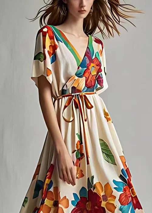 Stylish Beige Print Lace Up Cotton Maxi Dresses Summer - Image 3