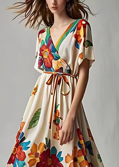 Stylish Beige Print Lace Up Cotton Maxi Dresses Summer - Image 4