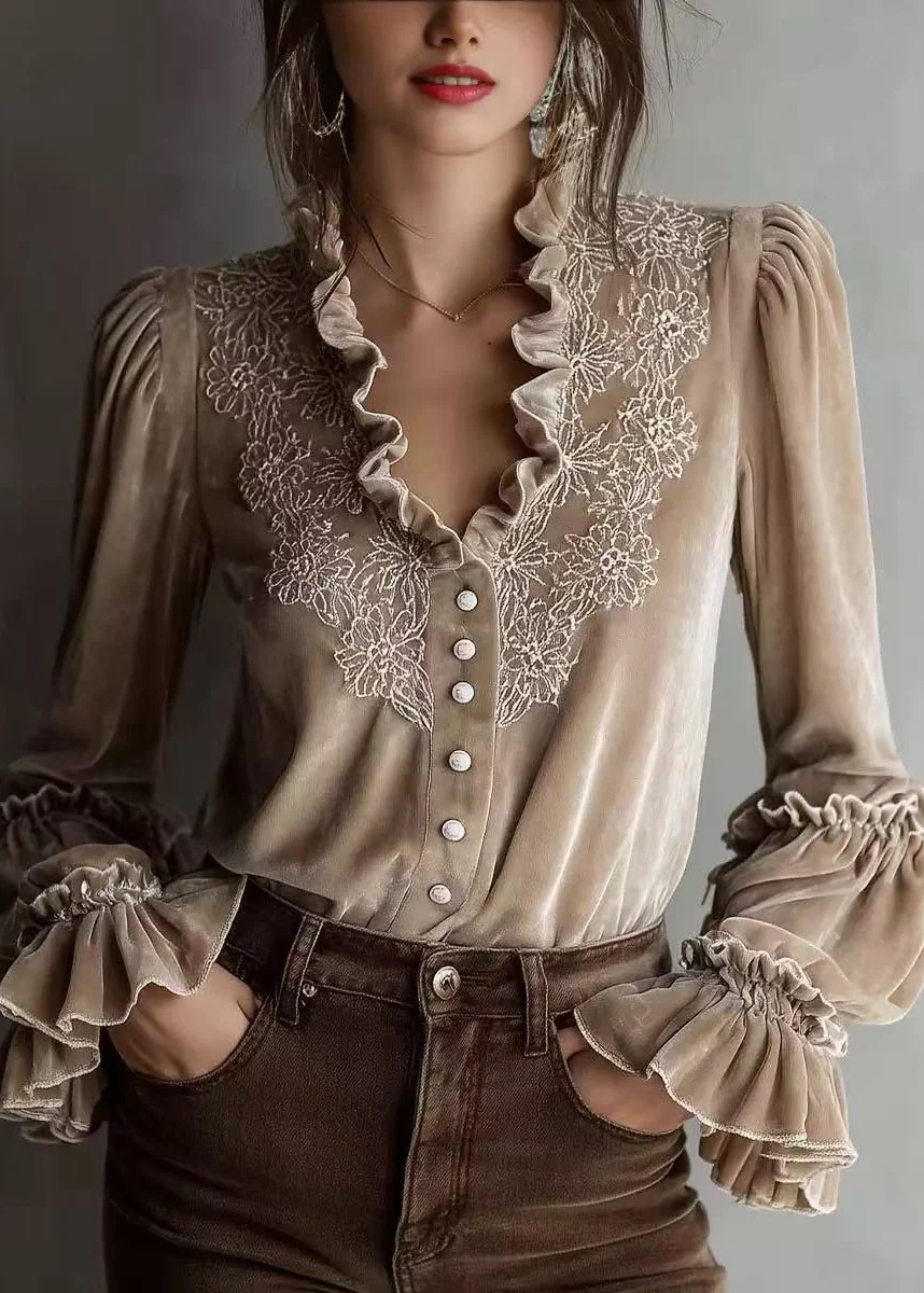Stylish Beige Ruffled Patchwork Velour Shirt Top Spring