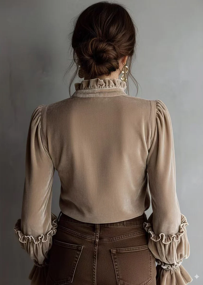 Stylish Beige Ruffled Patchwork Velour Shirt Top Spring - Image 2
