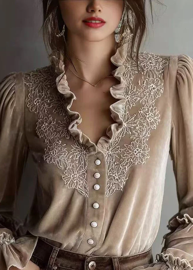 Stylish Beige Ruffled Patchwork Velour Shirt Top Spring - Image 3