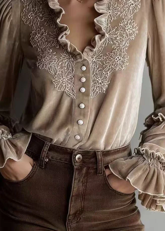 Stylish Beige Ruffled Patchwork Velour Shirt Top Spring - Image 4