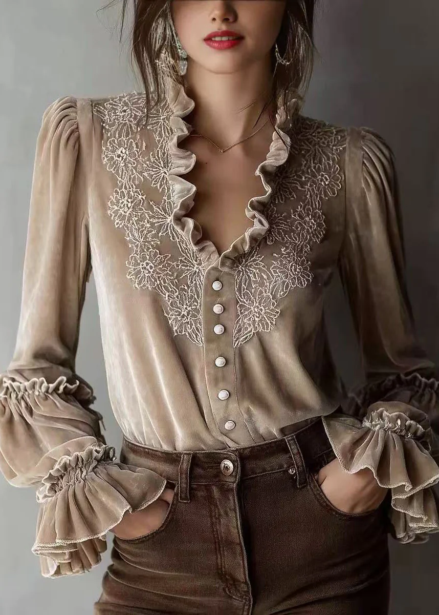 Stylish Beige Ruffled Patchwork Velour Shirt Top Spring - Image 5