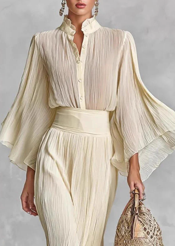 Stylish Beige Ruffled Side Open Shirts And Skirts Cotton Two Pieces Set Spring - Image 3