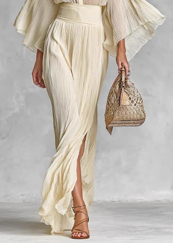 Stylish Beige Ruffled Side Open Shirts And Skirts Cotton Two Pieces Set Spring - Image 4