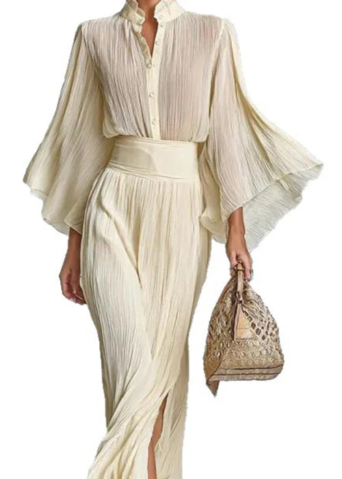 Stylish Beige Ruffled Side Open Shirts And Skirts Cotton Two Pieces Set Spring - Image 5