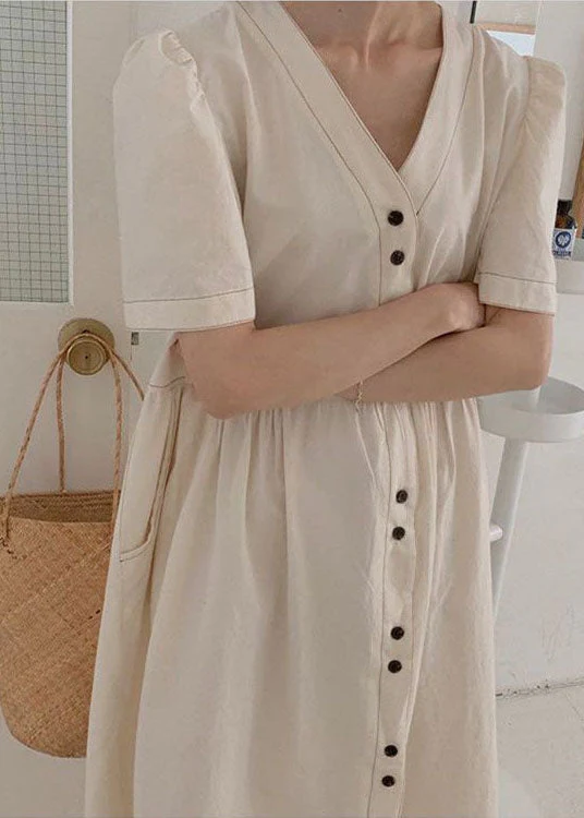 Stylish Beige V Neck Patchwork Wrinkled Cotton Dresses Puff Sleeve - Image 3