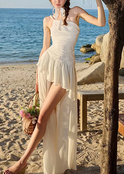 Stylish Beige Wrinkled Low High Design Chiffon Spaghetti Strap Dress Sleeveless - Image 3