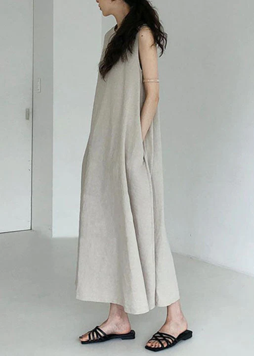 Stylish Beige Zip Up Patchwork Cotton Long Dress Sleeveless - Image 2