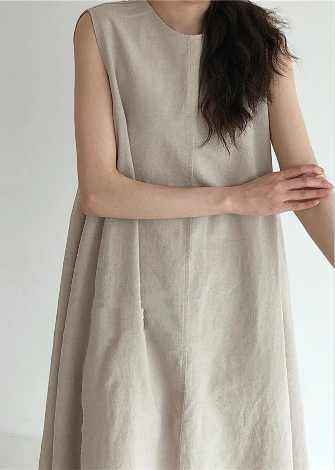 Stylish Beige Zip Up Patchwork Cotton Long Dress Sleeveless - Image 3