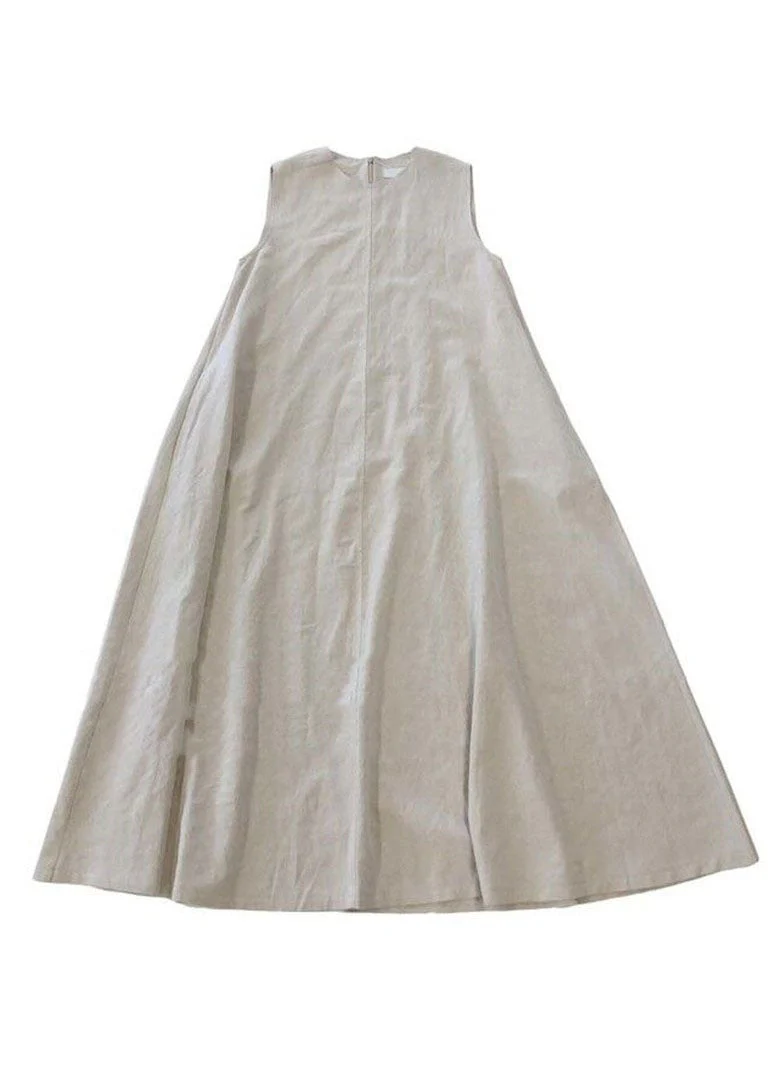 Stylish Beige Zip Up Patchwork Cotton Long Dress Sleeveless - Image 4