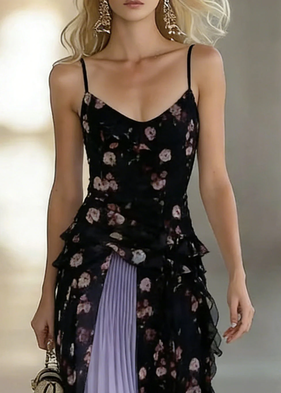 Stylish Black Asymmetrical Chiffon Spaghetti Strap Dress And Purple Pleated Skirt Two Pieces Set Sleeveless - Image 2