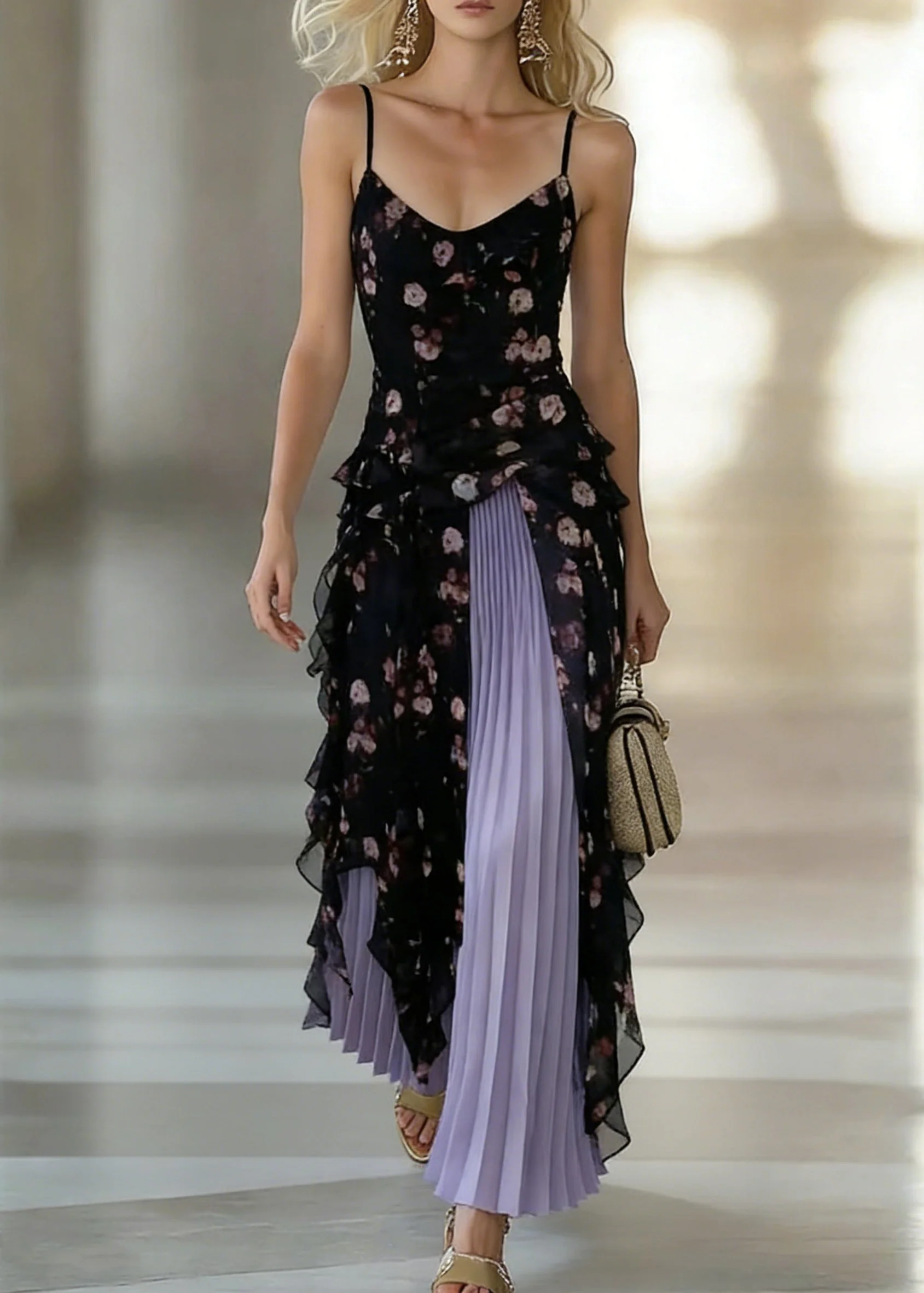 Stylish Black Asymmetrical Chiffon Spaghetti Strap Dress And Purple Pleated Skirt Two Pieces Set Sleeveless - Image 3