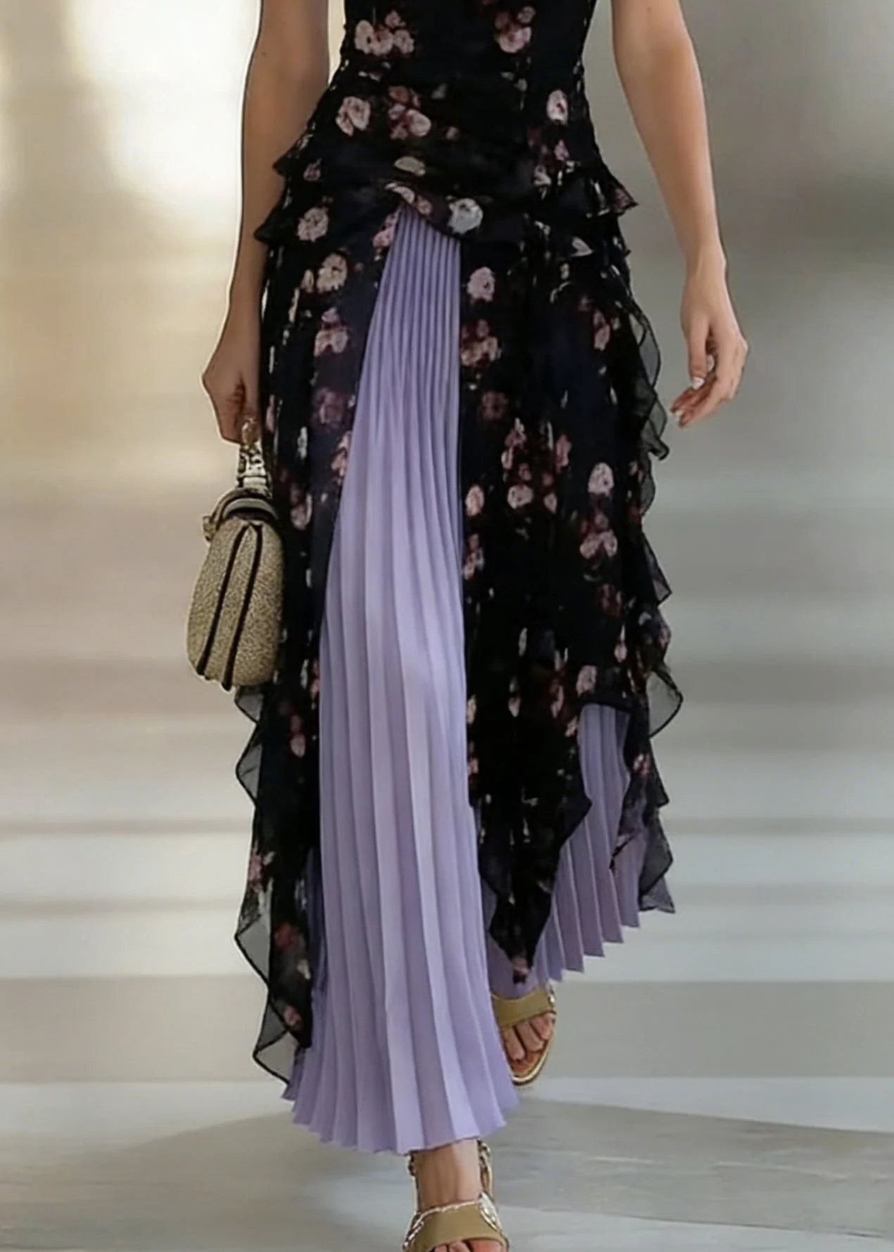 Stylish Black Asymmetrical Chiffon Spaghetti Strap Dress And Purple Pleated Skirt Two Pieces Set Sleeveless - Image 4
