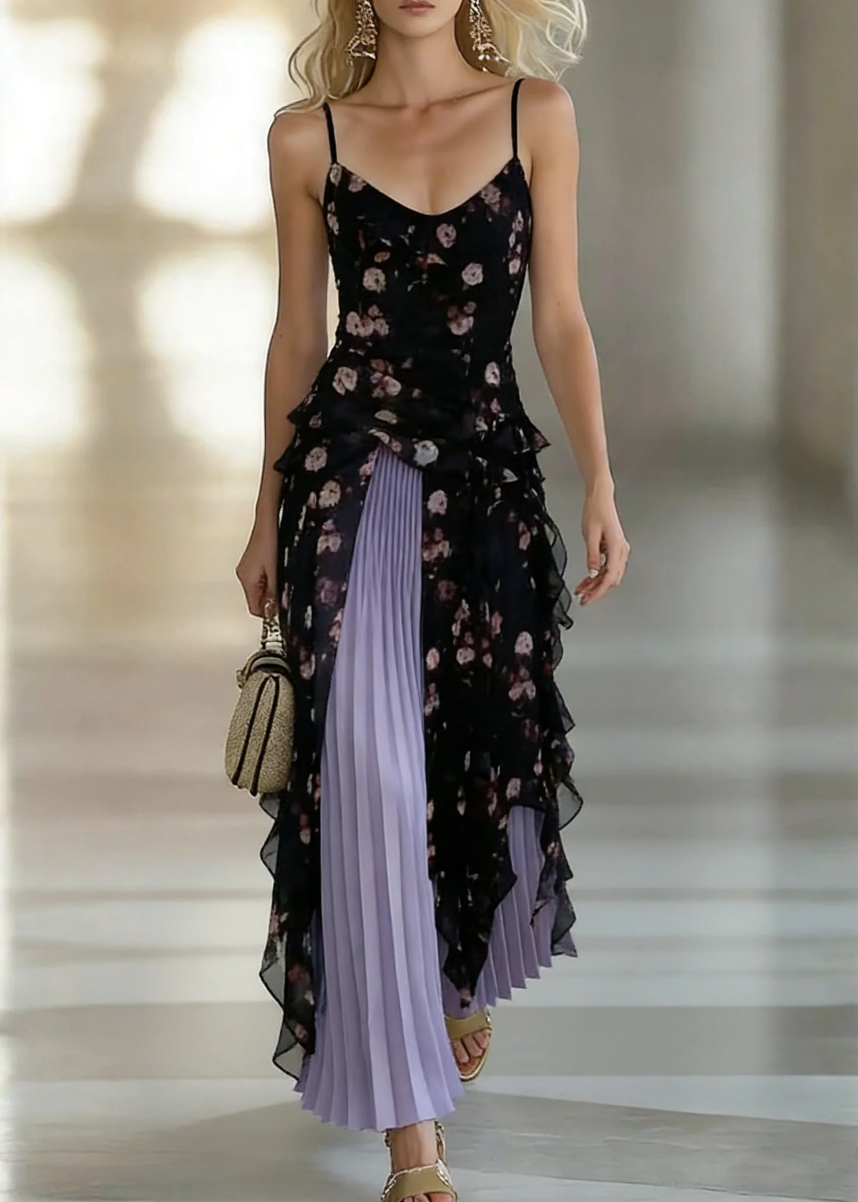 Stylish Black Asymmetrical Chiffon Spaghetti Strap Dress And Purple Pleated Skirt Two Pieces Set Sleeveless - Image 5