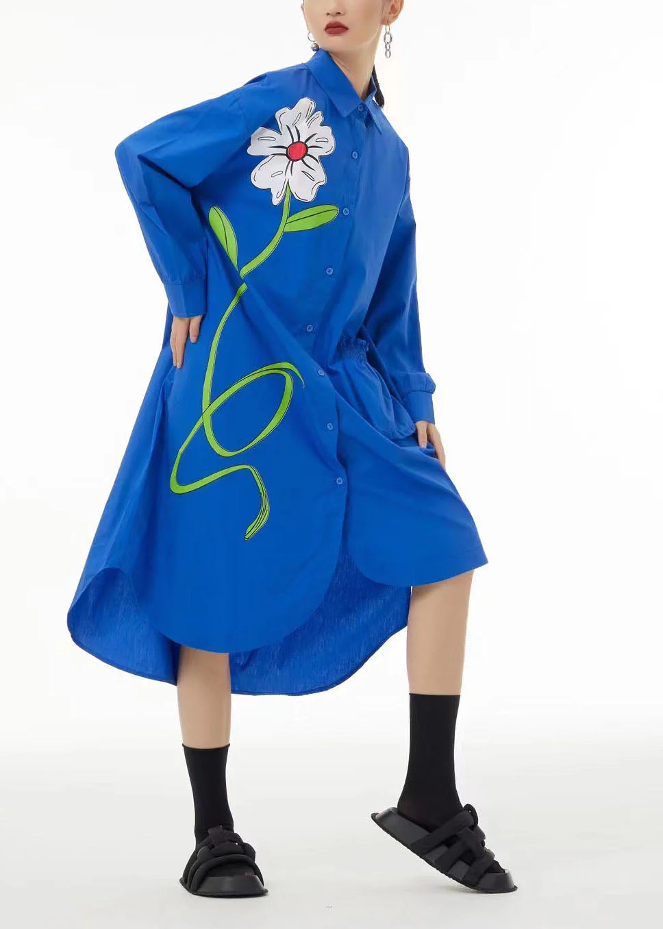 Stylish Black Asymmetrical Floral Pocket Cotton Vacation Dresses Spring - Image 2