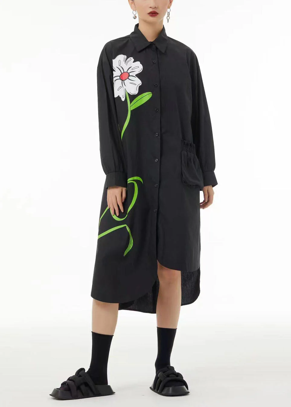 Stylish Black Asymmetrical Floral Pocket Cotton Vacation Dresses Spring - Image 3
