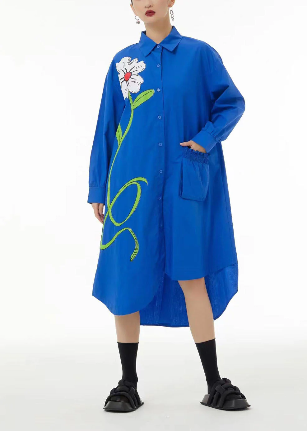 Stylish Black Asymmetrical Floral Pocket Cotton Vacation Dresses Spring - Image 4