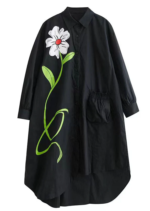 Stylish Black Asymmetrical Floral Pocket Cotton Vacation Dresses Spring - Image 5