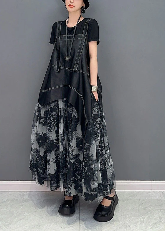 Stylish Black Asymmetrical Patchwork Exra Large Hem Chiffon Strap Dress Summer - Image 2