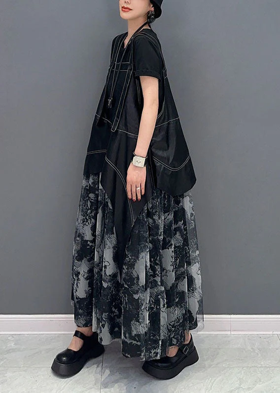 Stylish Black Asymmetrical Patchwork Exra Large Hem Chiffon Strap Dress Summer - Image 3