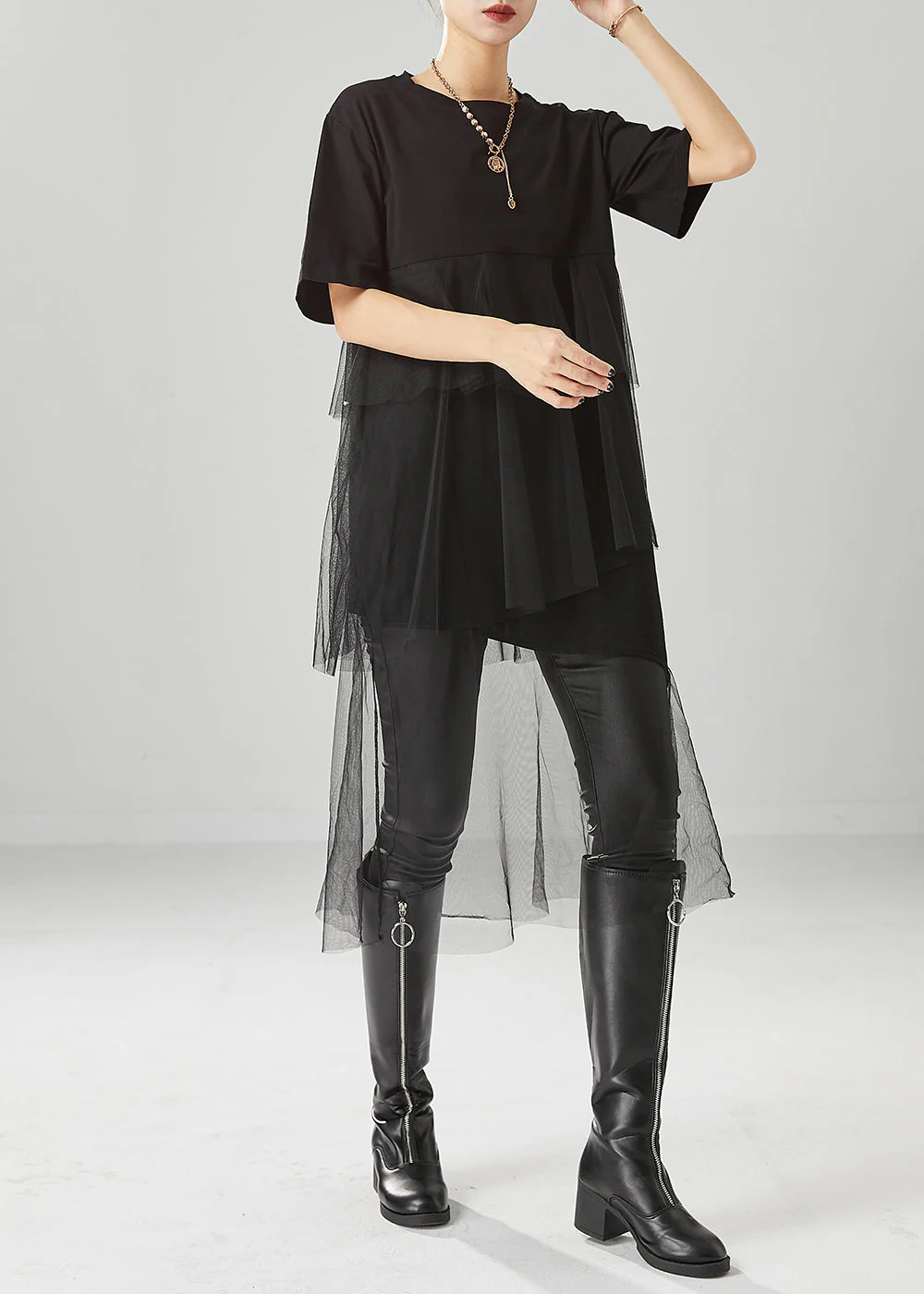 Stylish Black Asymmetrical Patchwork Tulle Cotton Dresses Summer - Image 2