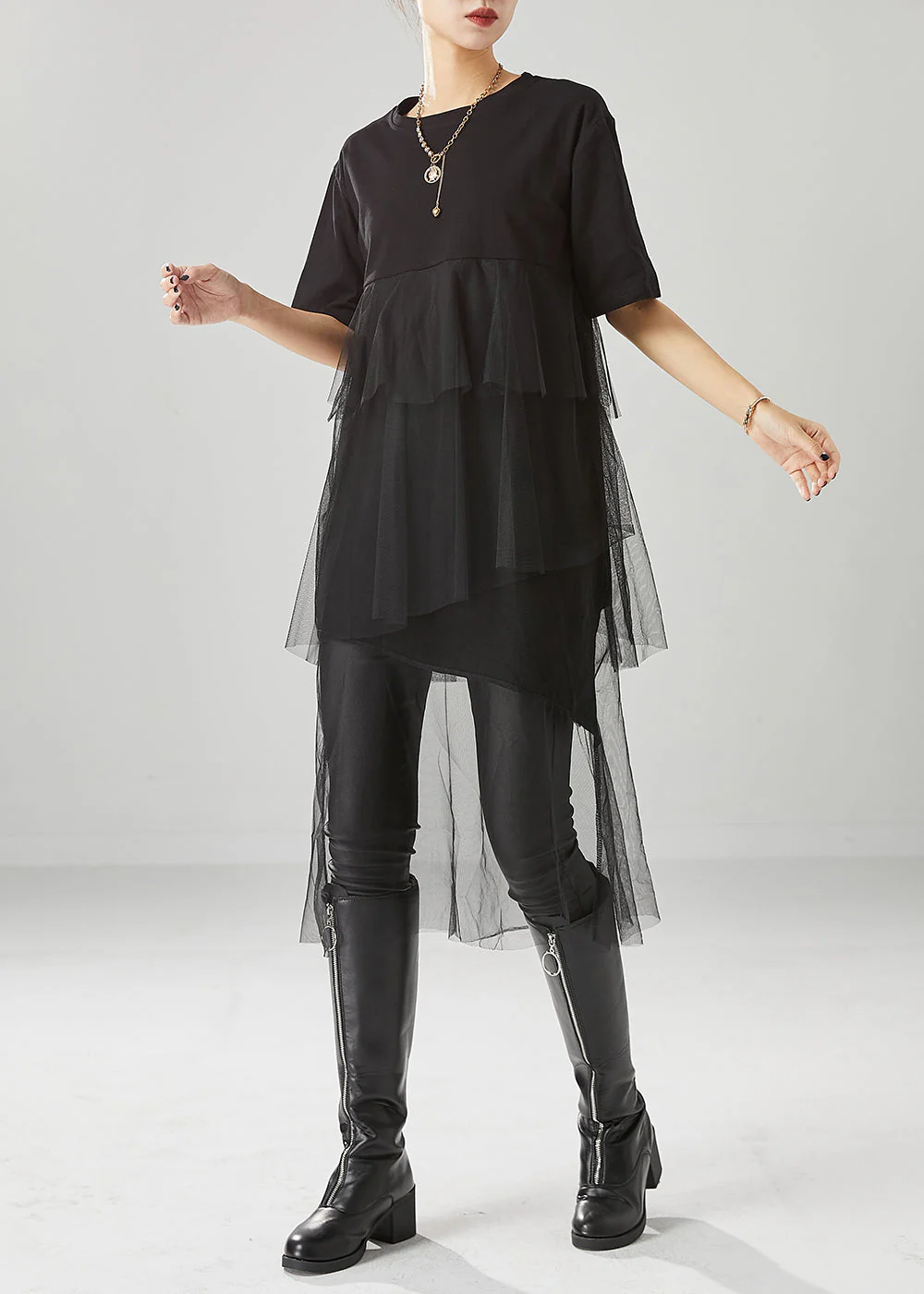 Stylish Black Asymmetrical Patchwork Tulle Cotton Dresses Summer - Image 3