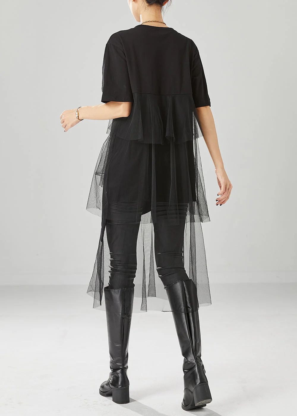 Stylish Black Asymmetrical Patchwork Tulle Cotton Dresses Summer - Image 4