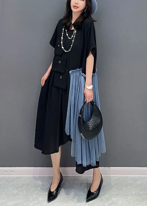 Stylish Black Asymmetrical Tulle Patchwork Cotton Dress Summer - Image 4