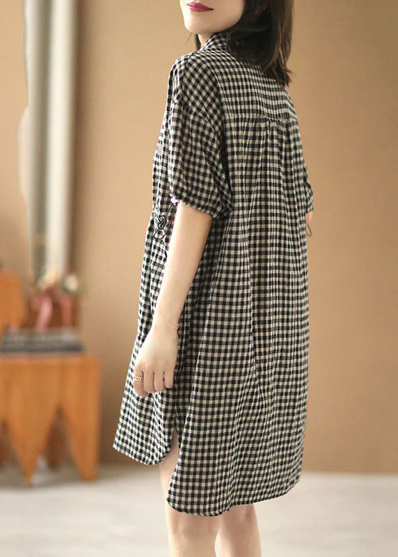 Stylish Black Beige Plaid Peter Pan Collar Drawstring Cotton Vacation Dresses Short Sleeve - Image 3