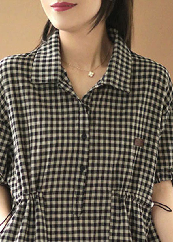 Stylish Black Beige Plaid Peter Pan Collar Drawstring Cotton Vacation Dresses Short Sleeve - Image 4