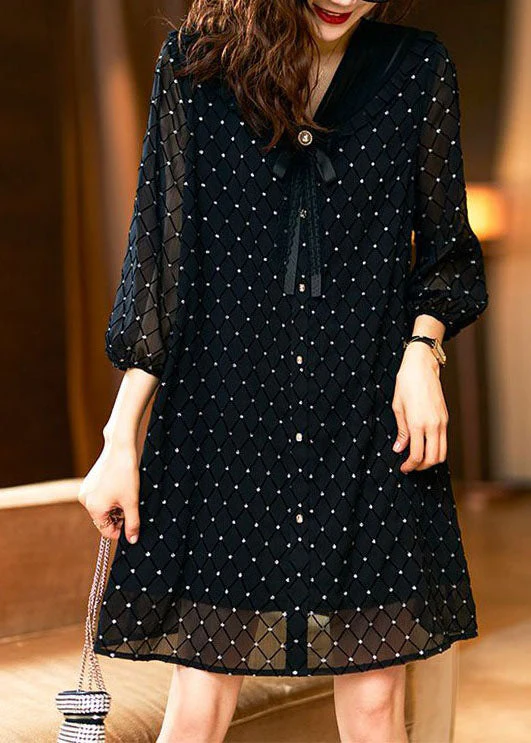Stylish Black Bow Print Patchwork Chiffon Mid Dress Summer