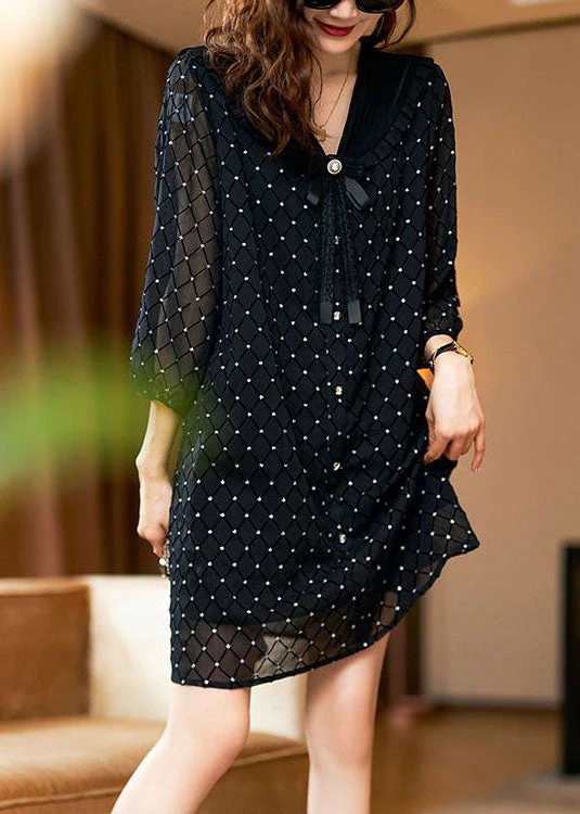 Stylish Black Bow Print Patchwork Chiffon Mid Dress Summer - Image 3