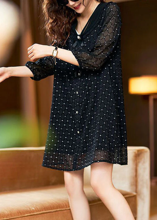 Stylish Black Bow Print Patchwork Chiffon Mid Dress Summer - Image 4