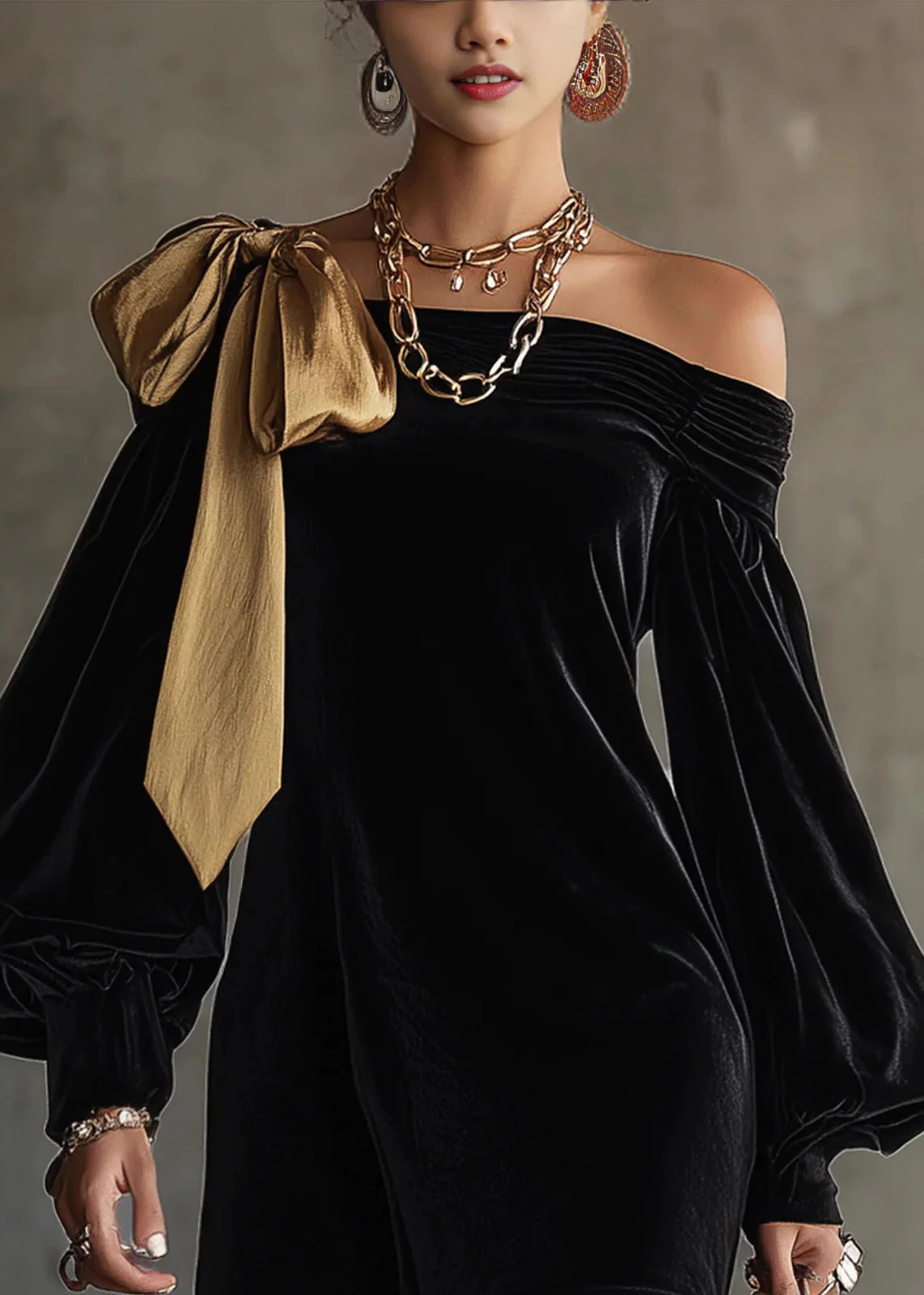 Stylish Black Cold Shoulder Bow Patchwork Velvet Mid Dress Lantern Sleeve - Image 2