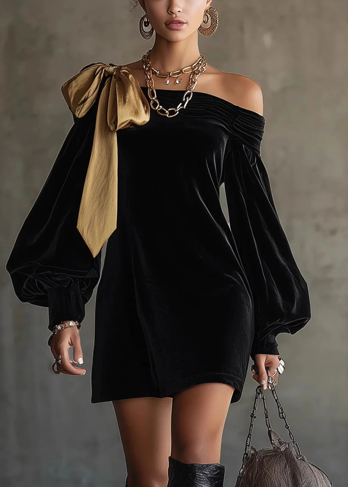 Stylish Black Cold Shoulder Bow Patchwork Velvet Mid Dress Lantern Sleeve - Image 5