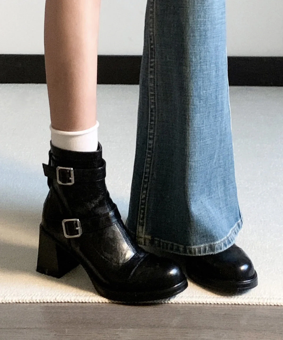 Stylish Black Cowhide Leather Splicing Chunky Heel Boots