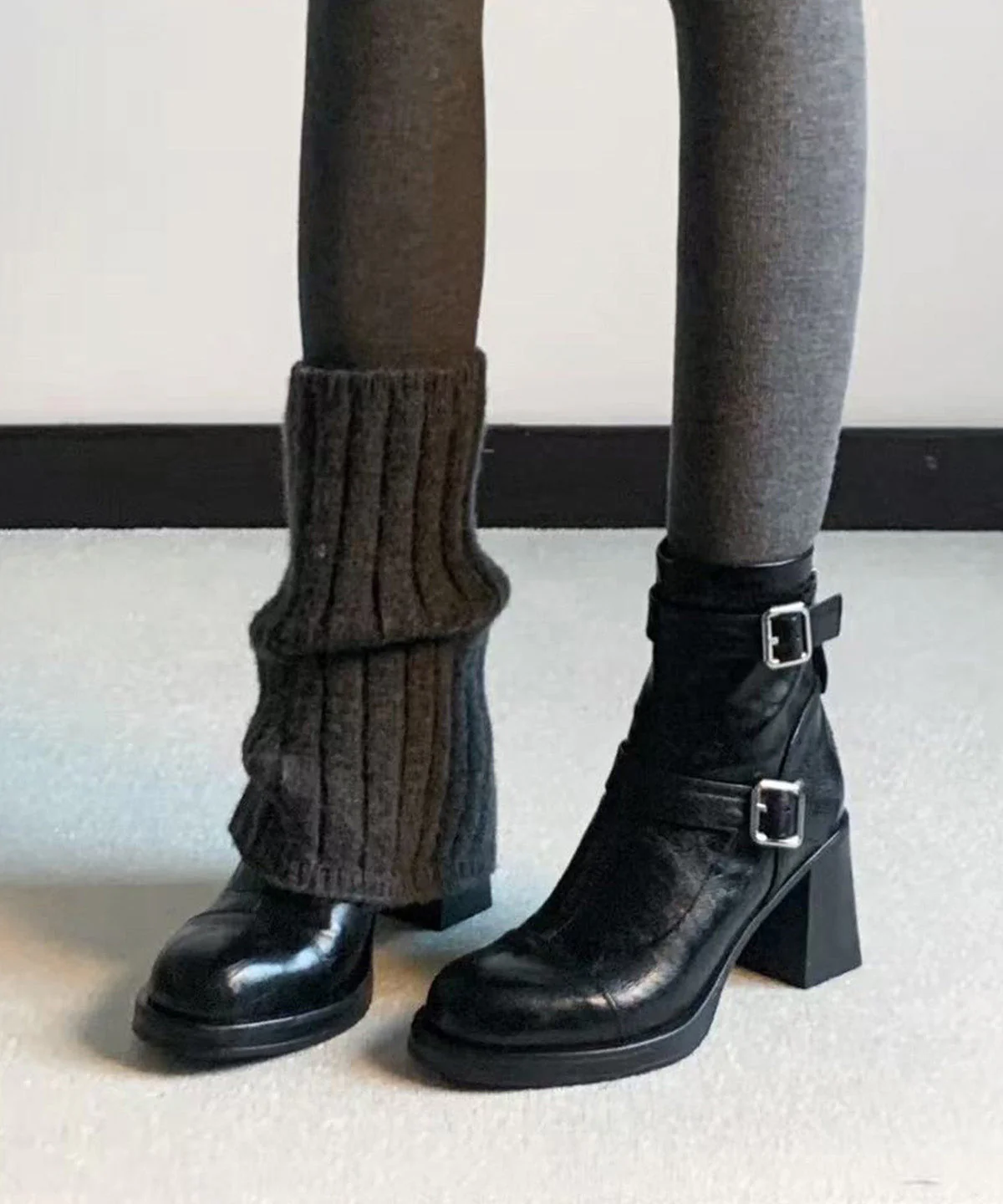 Stylish Black Cowhide Leather Splicing Chunky Heel Boots - Image 3