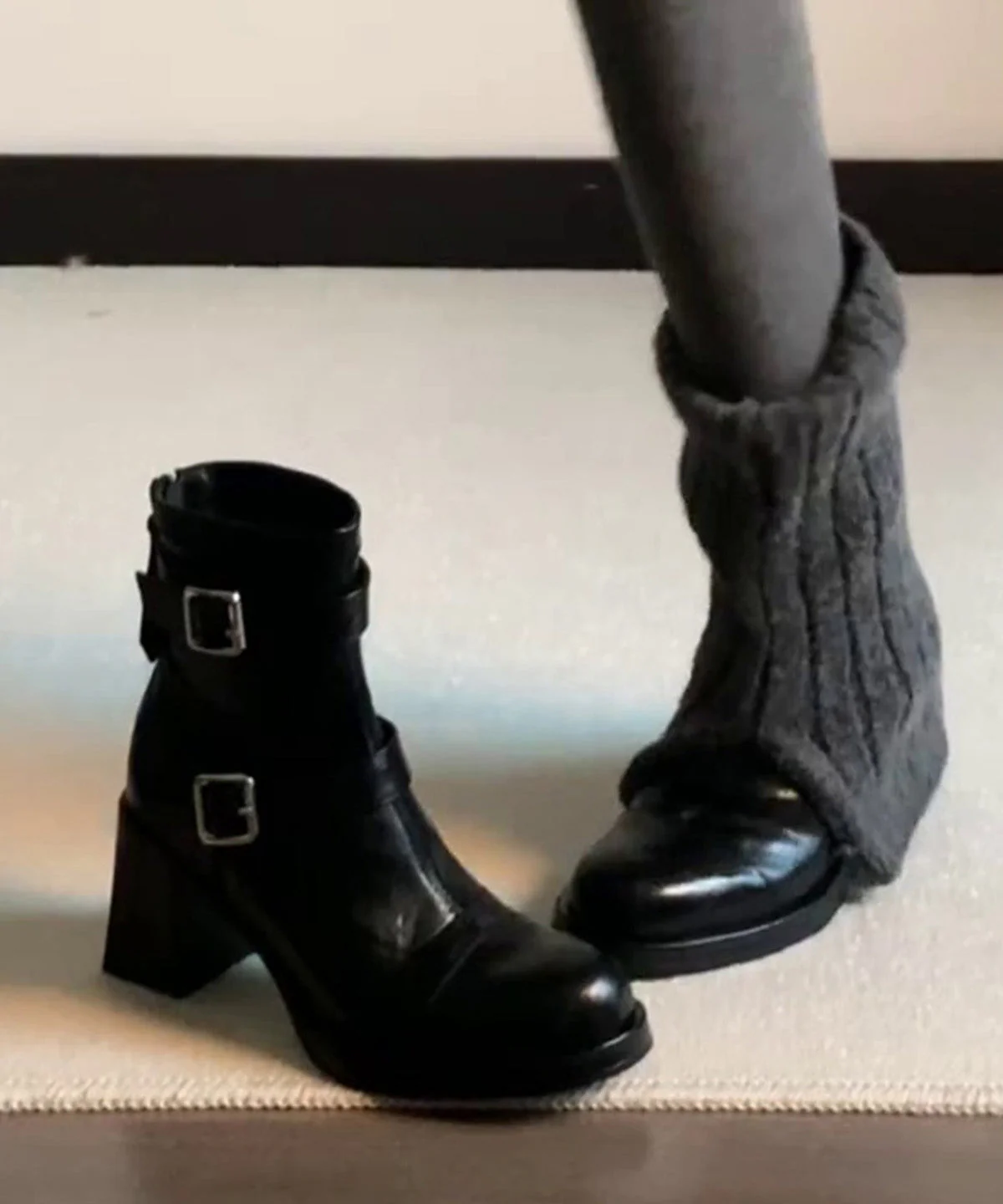 Stylish Black Cowhide Leather Splicing Chunky Heel Boots - Image 5