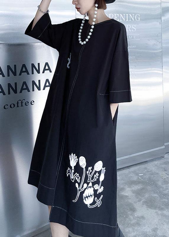 Stylish Black Embroideried Button Asymmetrical Design Fall Long sleeve Dresses - Image 3
