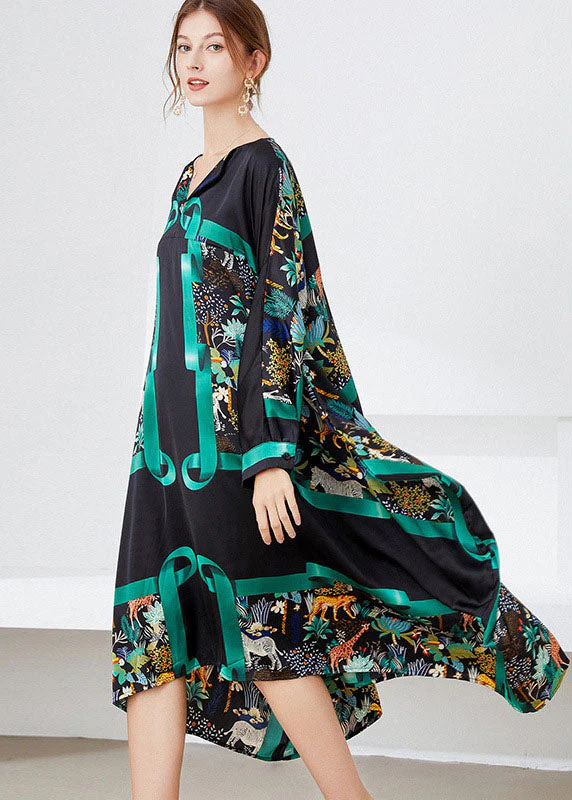 Stylish Black Green Asymmetrical Print Satin Maxi Dress Spring - Image 2