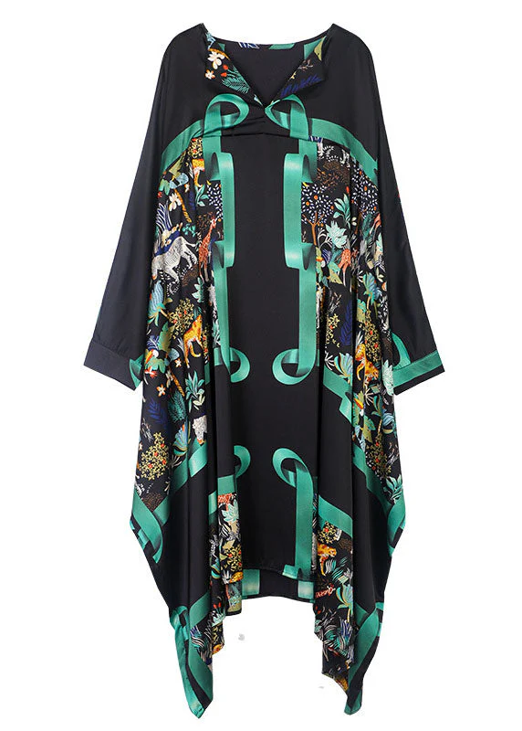 Stylish Black Green Asymmetrical Print Satin Maxi Dress Spring - Image 5