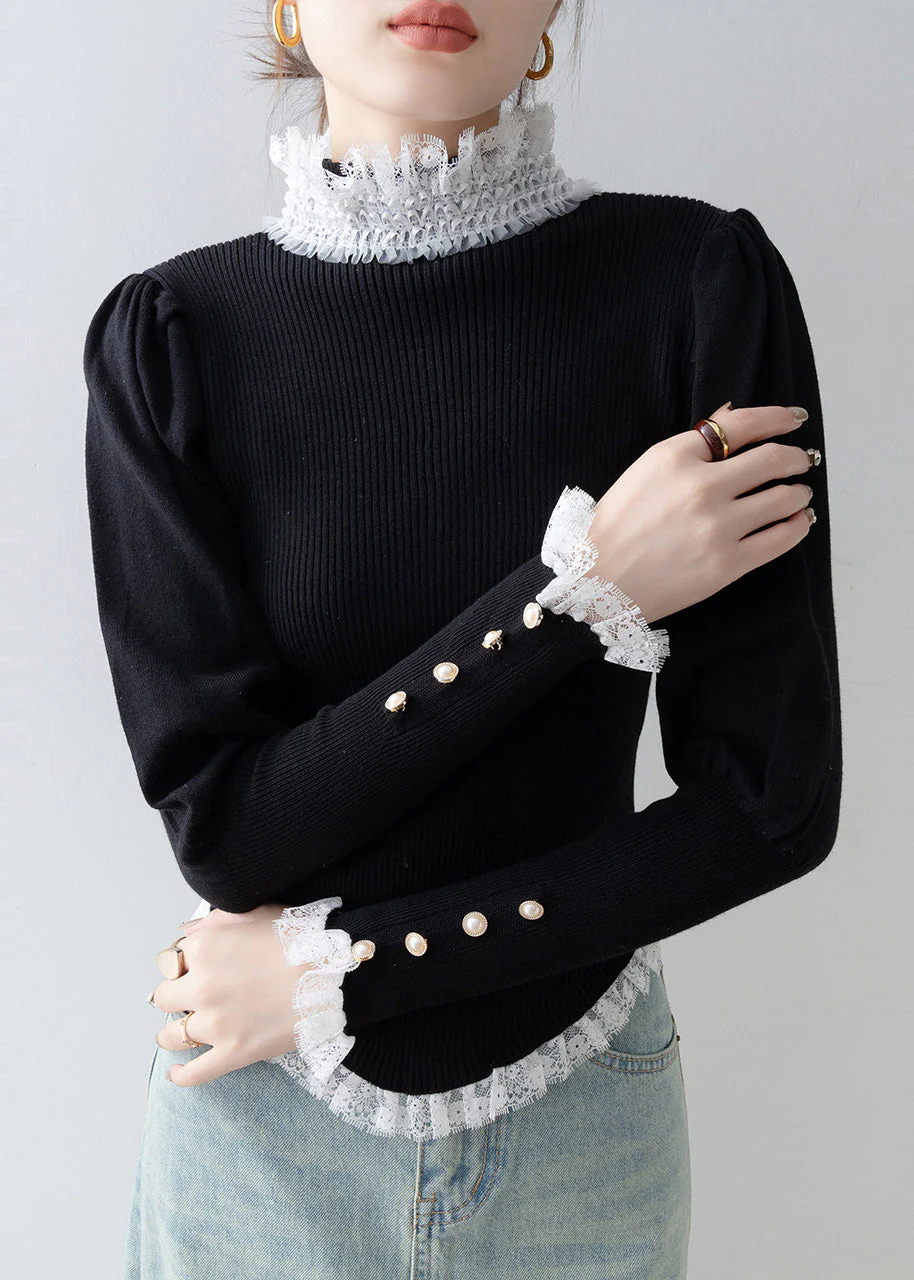 Stylish Black High Neck Lace Patchwork Knit Sweater Winter - Image 2