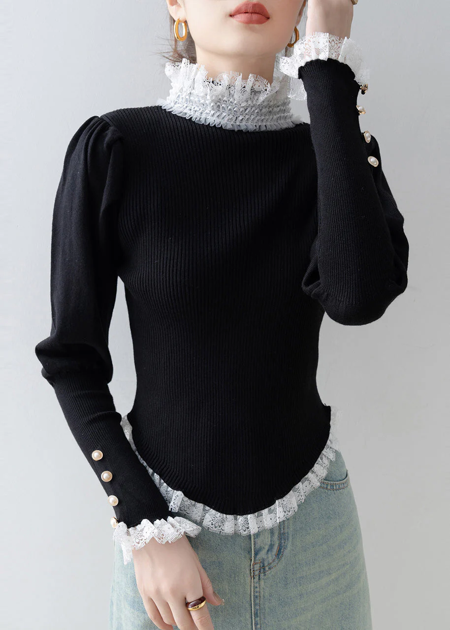 Stylish Black High Neck Lace Patchwork Knit Sweater Winter - Image 3