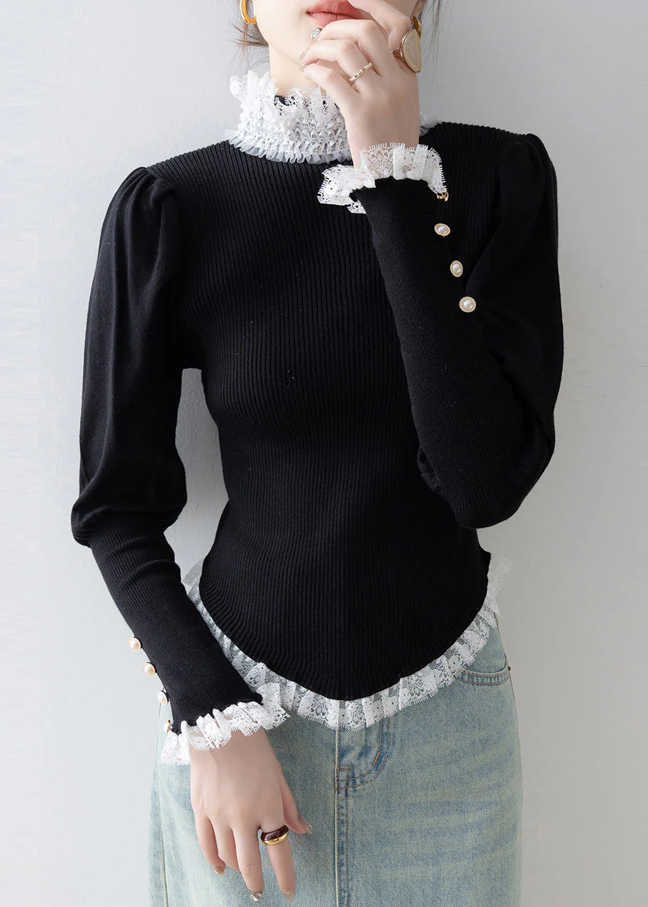 Stylish Black High Neck Lace Patchwork Knit Sweater Winter - Image 4