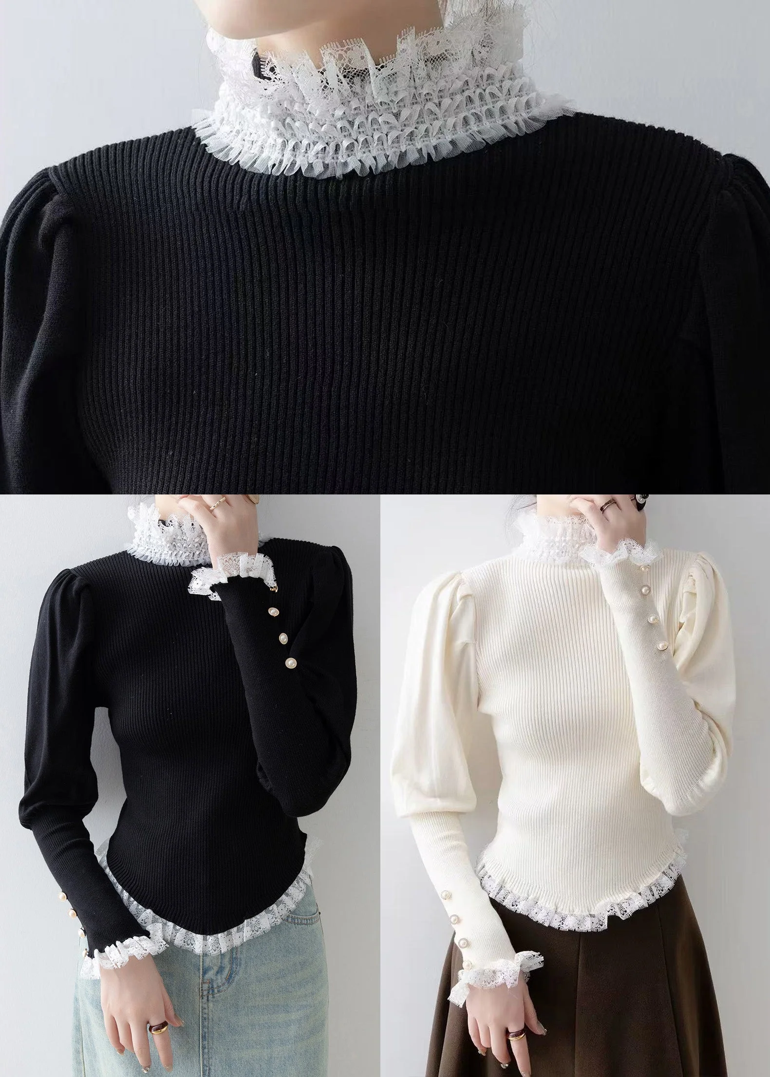 Stylish Black High Neck Lace Patchwork Knit Sweater Winter - Image 5
