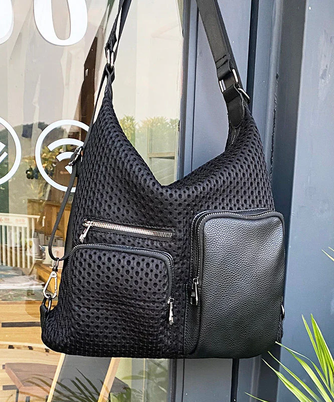 Stylish Black Hollow Out Pockets Cotton Versatile Backpack Bag - Image 5