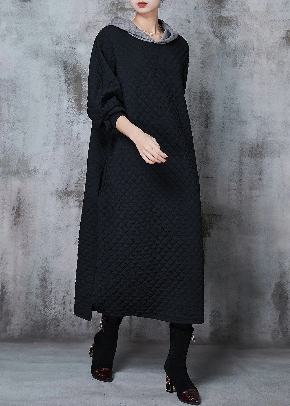 Stylish Black Hooded Patchwork Thick Cotton Holiday Dress Spring - Image 2